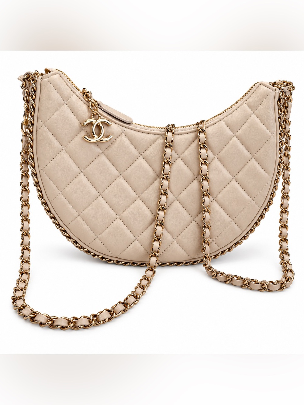 CHANEL Quilted Beige Crescent Crossbody Bag with Gold Chain